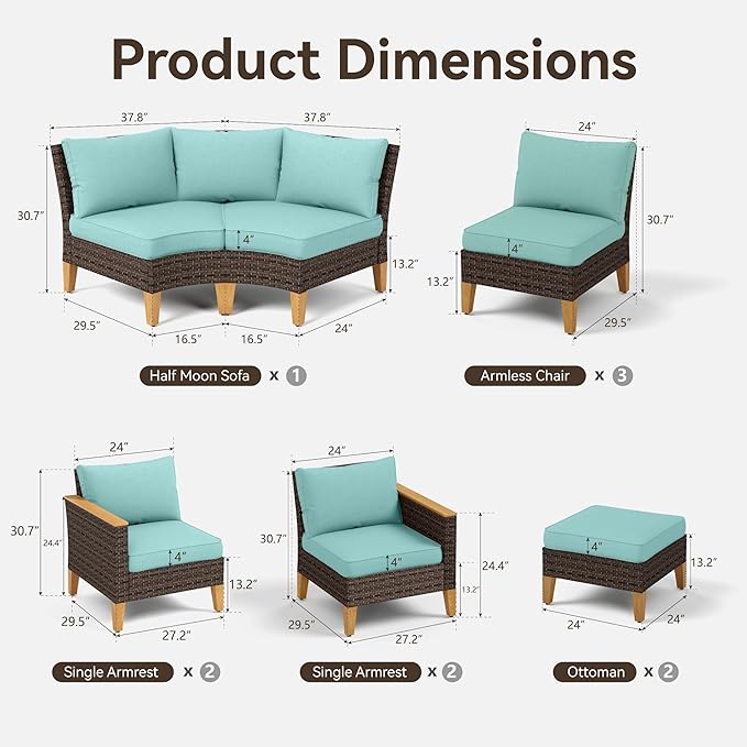 GREEN PARTY 11 Pieces Wicker Patio Furniture Set, All-Weather Outdoor Rattan Half-Moon Curved Patio Sectional Sofa Conversation Set with 4" Thick Cushions for Garden, Backyard, 2 x Ottomans (Blue)