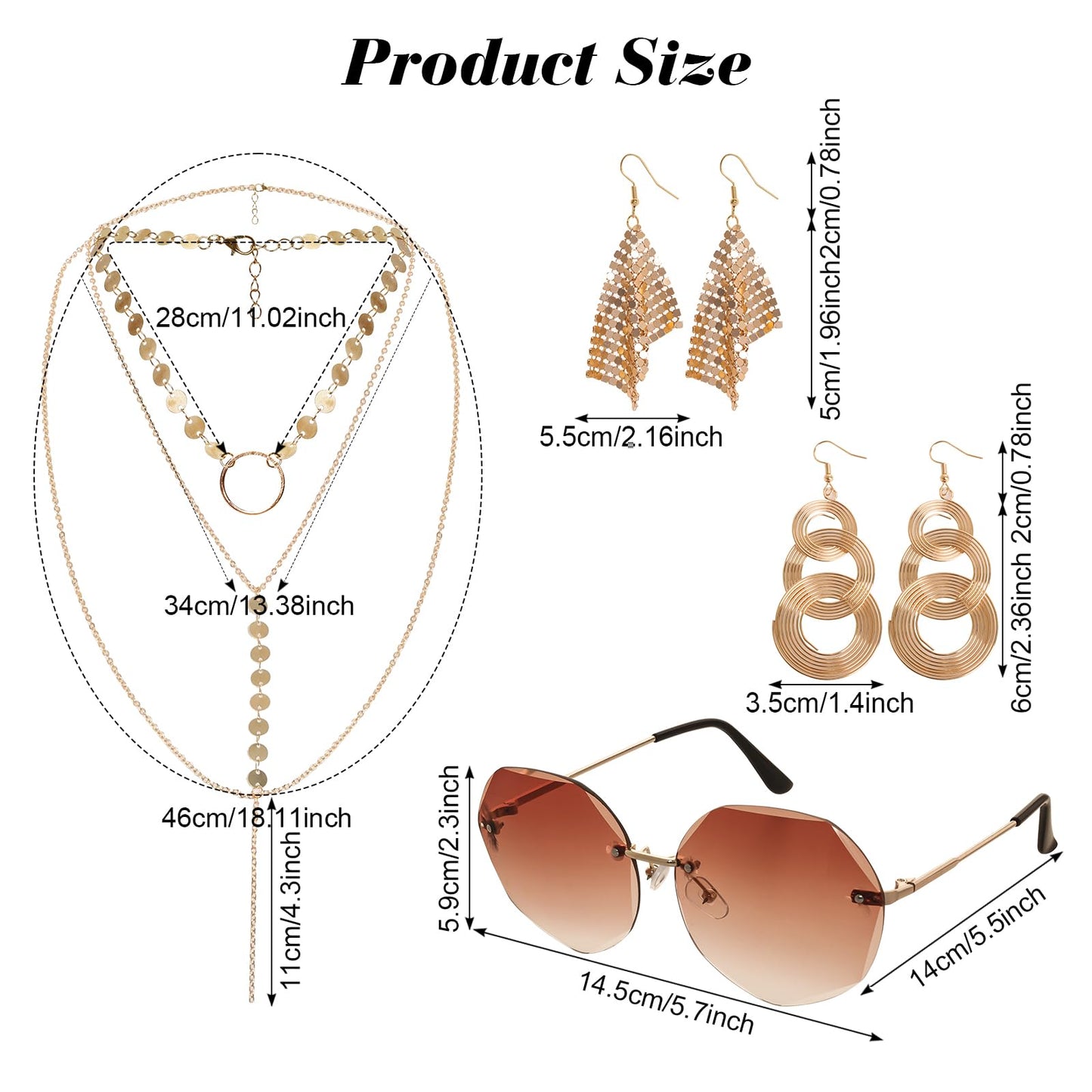 Fumwase 8PCS 70s Gold Disco Accessories Set for Women 1970s Disco Accessories Earrings Layered Necklace Bracelets Glasses Arm Cuff for Party Halloween Cosplay (Gold)