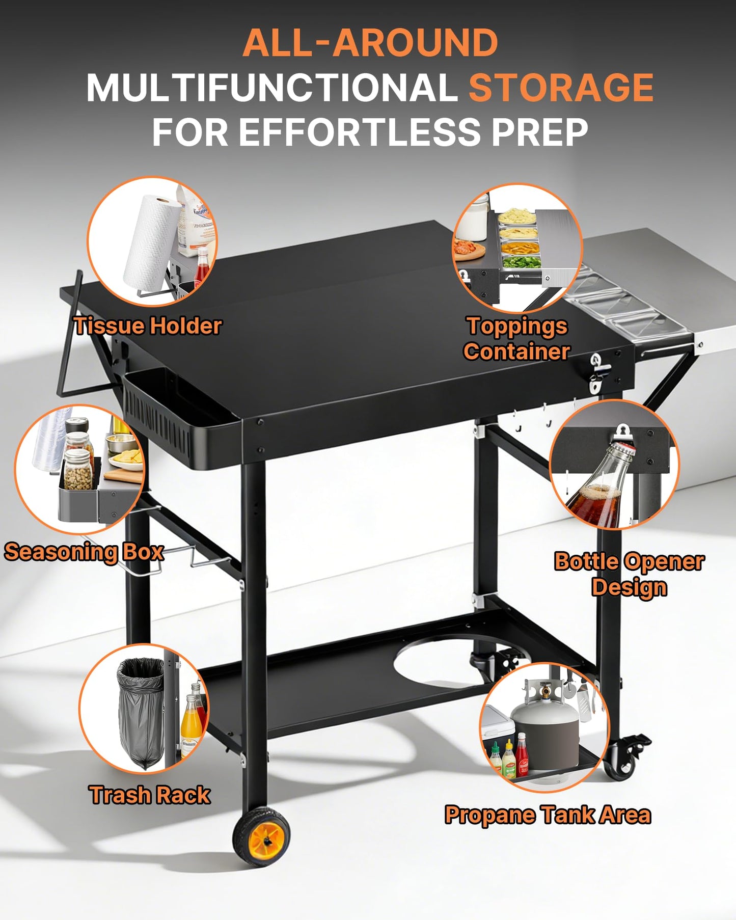 GANGSHELO Outdoor Pizza Oven Table with Topping Station, Portable Pizza Oven Cart with BBQ Prep Tables Station for Ninja Woodfire Grill, Blackstone Griddle, Tabletop Grill