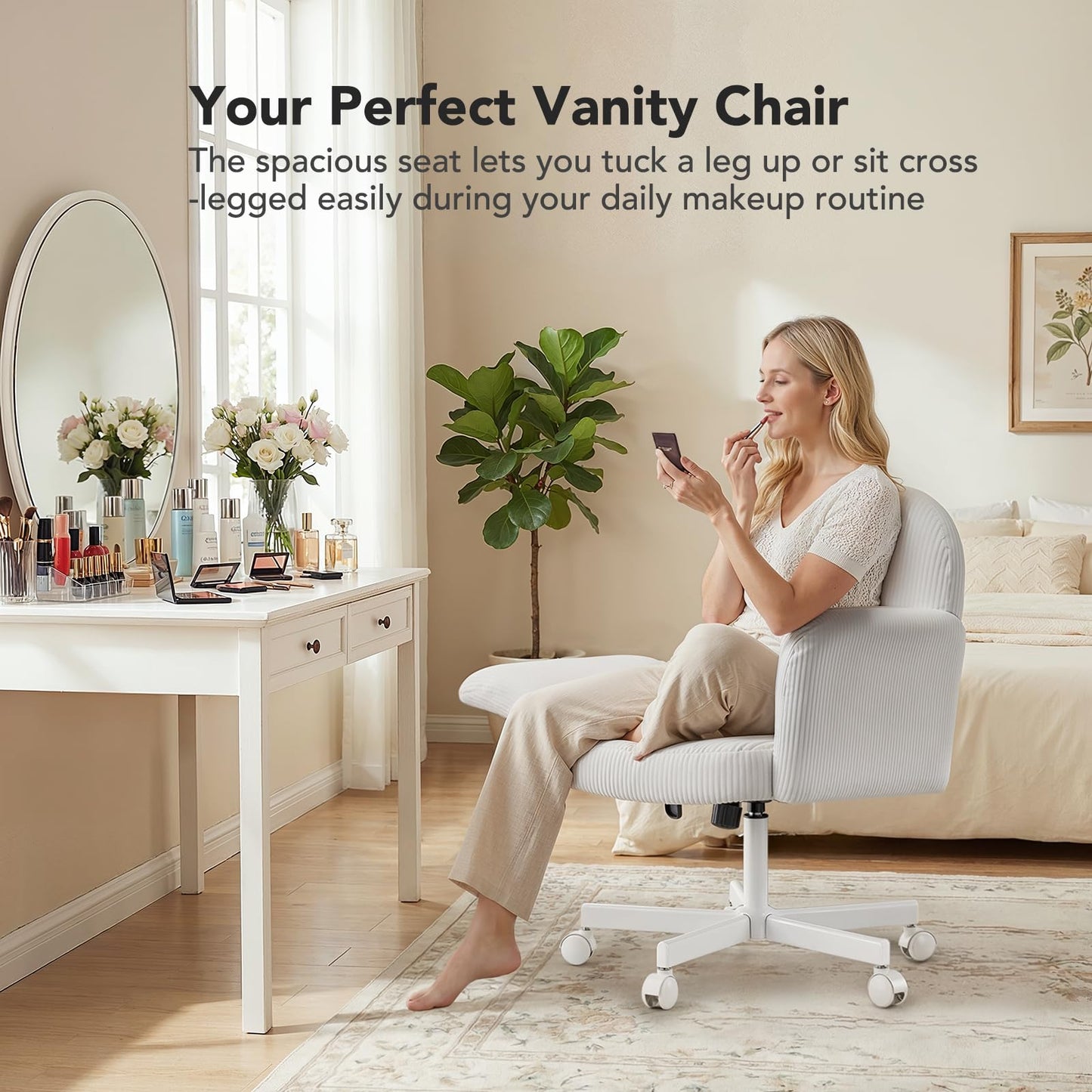 HUANUO Criss Cross Office Chair for Women, Cross Legged Desk Chair with Adjustable Armrests, Soft Corduroy Fabric for Small Spaces, Petite Home Office Computer Chair for Girls, White