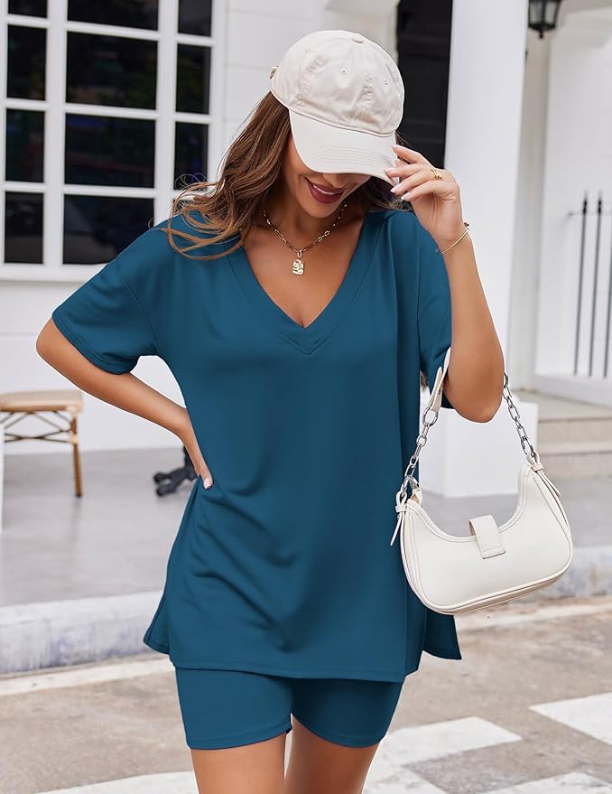 Ekouaer Womens Pajamas 2 Piece Lounge Sets Oversized V Neck T-Shirts Tops Biker Shorts Set Workout Reversible Tracksuit S-XXL