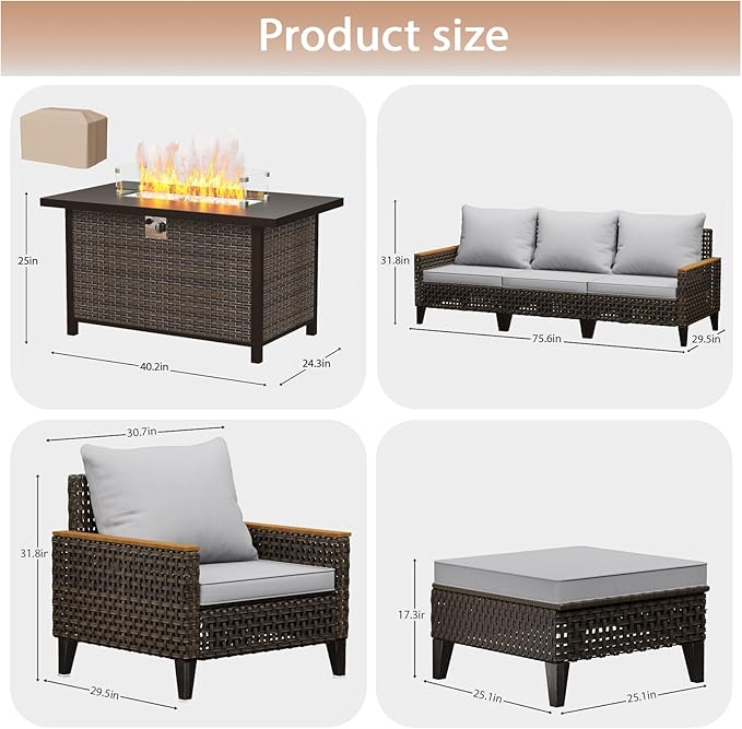 Xmkmvk 15 Piece Patio Sectional Sofa Set with 50000 BTU Fire Pit Table, All-Weather Wicker Rattan Outdoor Conversation Set, High Back, for Garden, Porch, Poolside, Gray