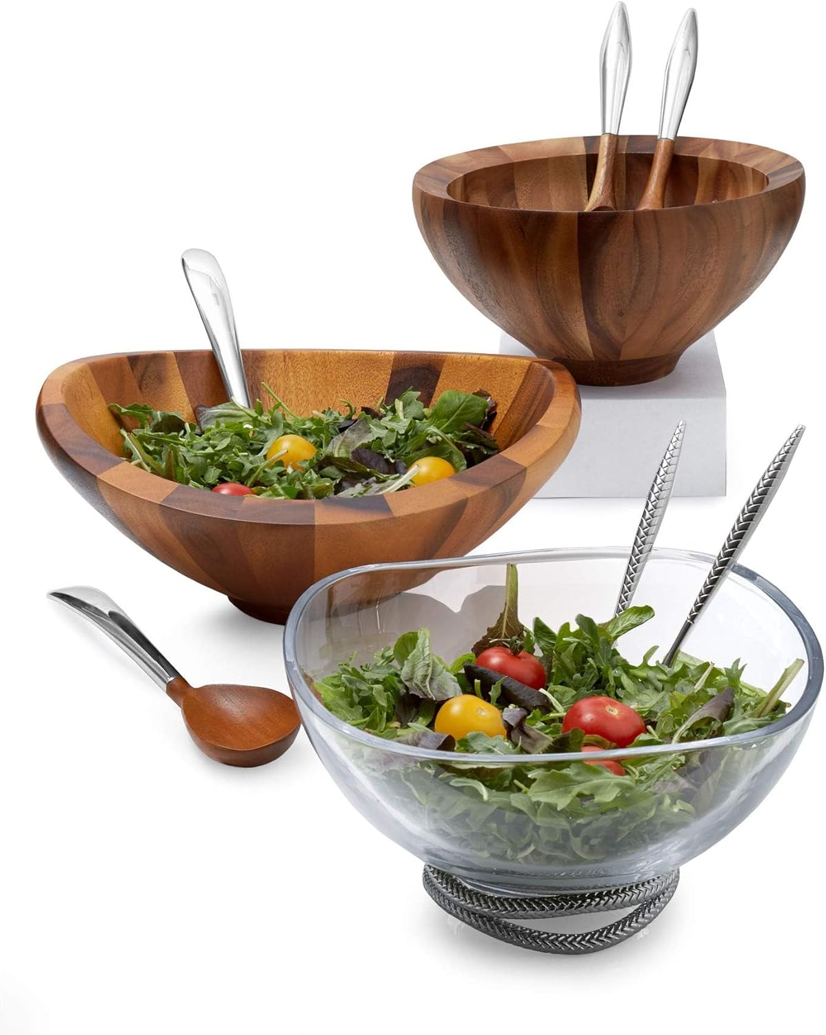 Nambe Braid 12" Glass Salad Bowl with Servers - Chrome Plated Decorative Serving Bowl with 10.5” Stainless Steel Spoons - Modern Dining Table Centerpiece - Ideal Gift for Weddings & Housewarming