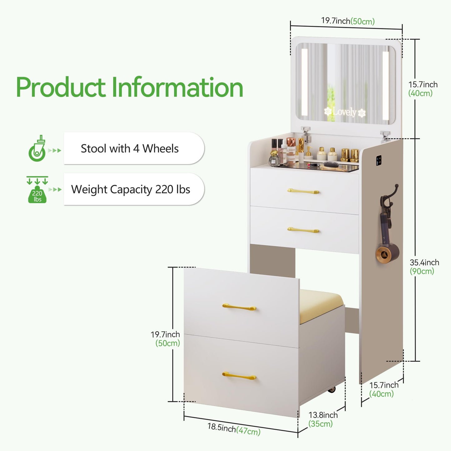HNEBC 3 in 1 Vanity Desk with Plip Top LED Mirror,Small Dressing Table Set with Visible Glass Desktop,Compact Vanity with 3 Drawers,Storage Compartment and Padded Stool,for Bedroom(White)