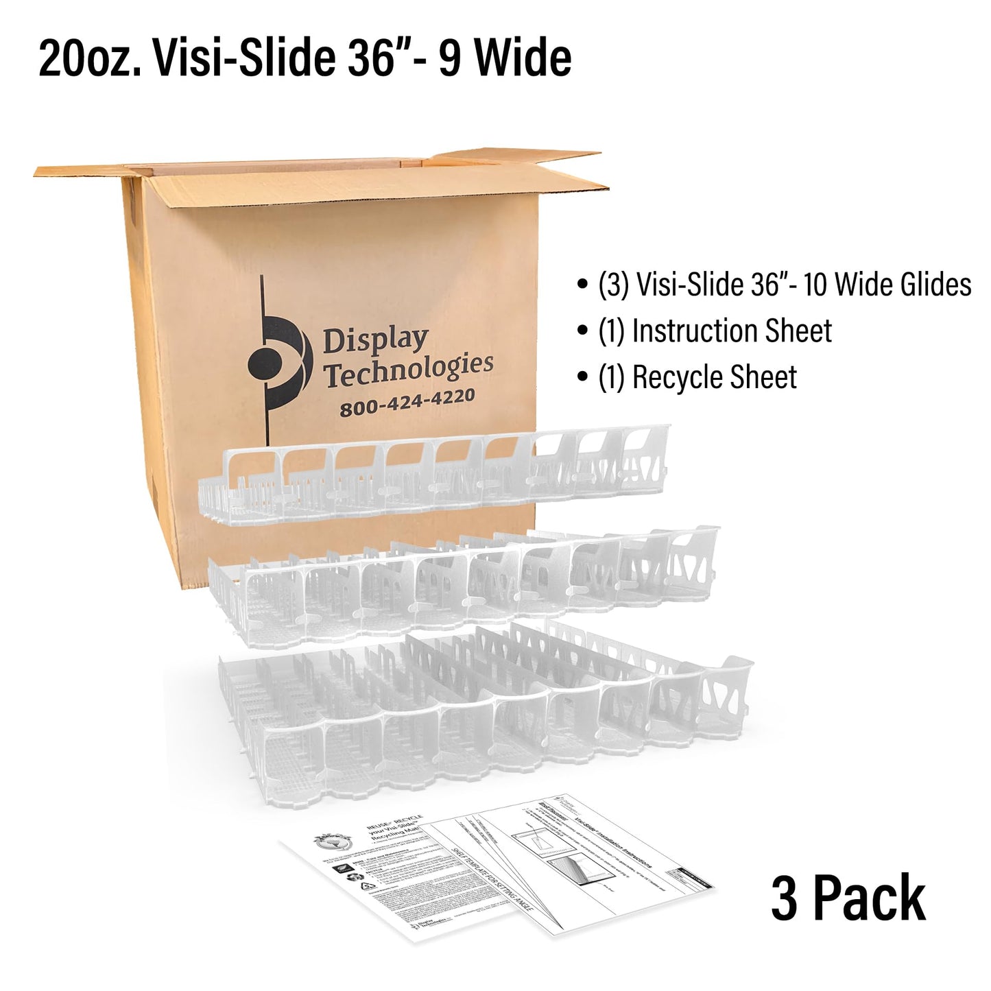 Display Technologies Visi-Slide Gravity Fed Extended Organizer for 20-25oz Beverages on Extended Flat and Angled Shelves in Cold Vaults & Coolers, 9-Wide, 36" Deep Drink Organizer (Pack of 3)