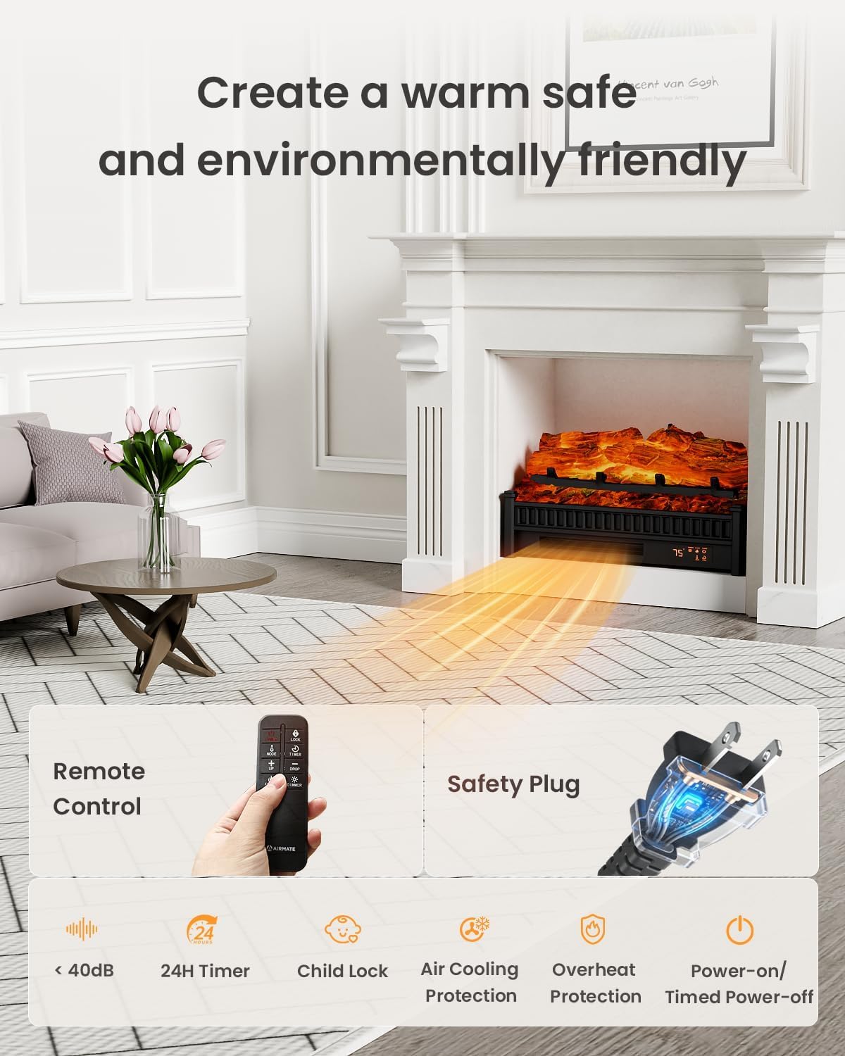 AIRMATE 1500W Electric Fireplace Heater, 22In Electric Fireplace Insert Logs, Fire Places Fireplace 12H Timer, Adjustable Flame Colors & Light Remote Overheat Protection