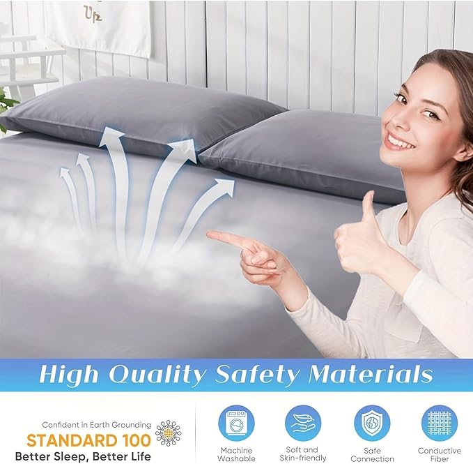 Grounding Sheets, 95% Organic Cotton + 5% Silver Fiber, Earth Connected Fitted Sheet with Grounding Cord (Gray, Twin XL)