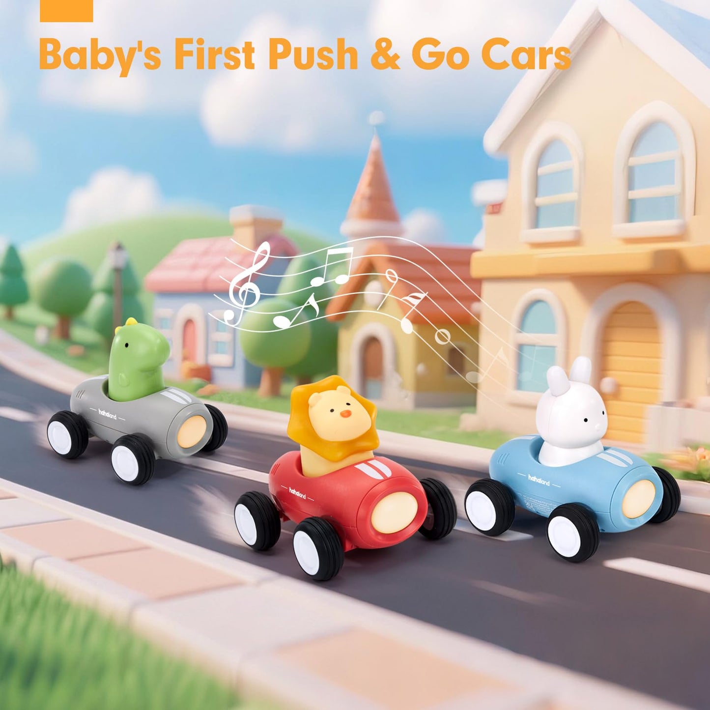 hahaland Push and Go Car Toys for Toddlers 1-3 Musical Light up Toys for 1 Year Old Boy Gifts, Push Car Crawling Baby Toys 12-18 Months One Year Old Birthday Christmas Baby Gifts for Boy Girls, 3 PCS