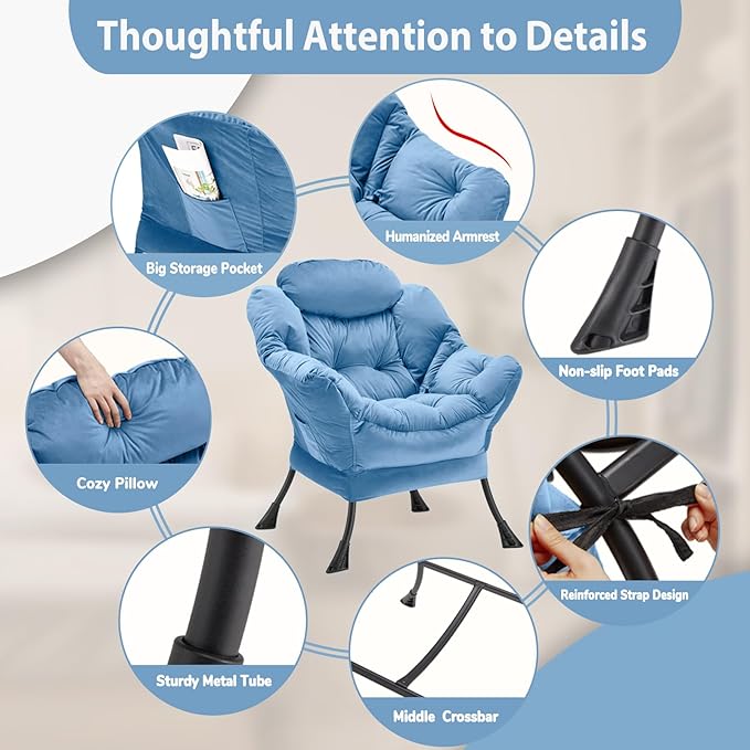 Youtanic Lazy Chair Thick Padded, Comfy Velvet Accent Lounge Chair with Stable Frame, Leisure Sofa Armchair with Armrests and Side Pocket, Reading Chair for Bedroom, Living Room, Office, Light Blue