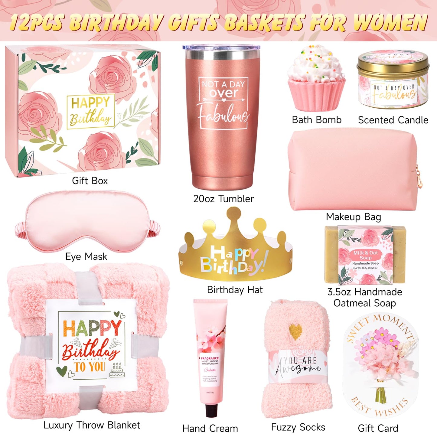 Birthday Gifts for Women Friendship, Unique Happy Birthday Gift Basket for Mom Wife Her Best Friend Sister Girlfriend Coworker W/Flannel Blanket, Luxury Self Care Box Rose Relaxing Spa Gifts Set