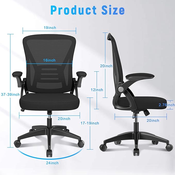 naspaluro Ergonomic Office Chair, Mid Back Desk Chairs with Adjustable Height, Swivel Chair with Flip-Up Arms and Lumbar Support, Breathable Mesh Computer Chair for Home/Study/Working, Dark Black