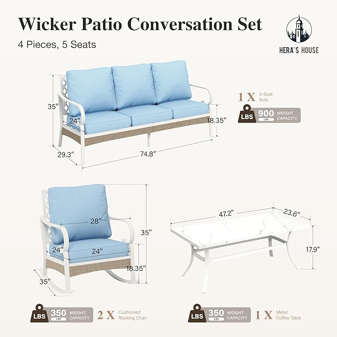 HERA'S HOUSE Patio Furniture Set with Metal & Rattan Design 4-Piece, 2 x Rocking Chairs, 1 x 3-Seat Sofa & Marble Coffee Table, All-Weather Outdoor Conversation Set for Garden Backyard Lawn, Blue