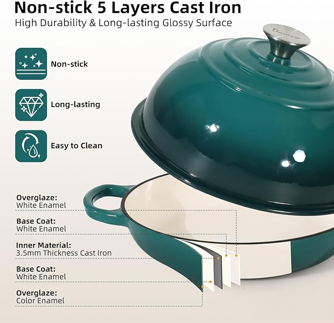 Davivy 5.5QT Enameled Cast Iron Dutch Oven with Lid, Dutch Oven for Sourdough Bread, 10" Round Sourdough Bread Oven, Bread Cloche for Bread Baking, with Silicone Bread Sling - Gradient Teal