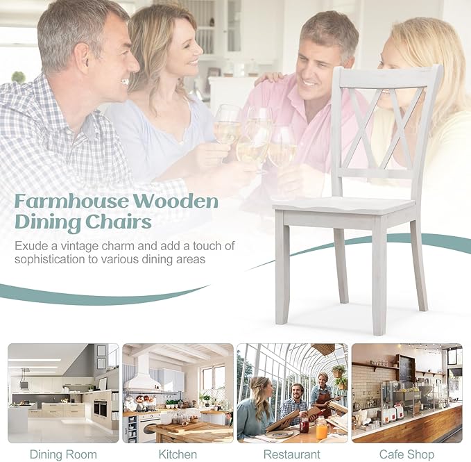 Giantex Wood Dining Chairs Set of 2 White, Armless Kitchen Chair w/Rubber Wood Frame, Cross Back, Contoured Seat, Farmhouse Wooden Side Chair, High Back Kitchen Chairs for Home Dining Room