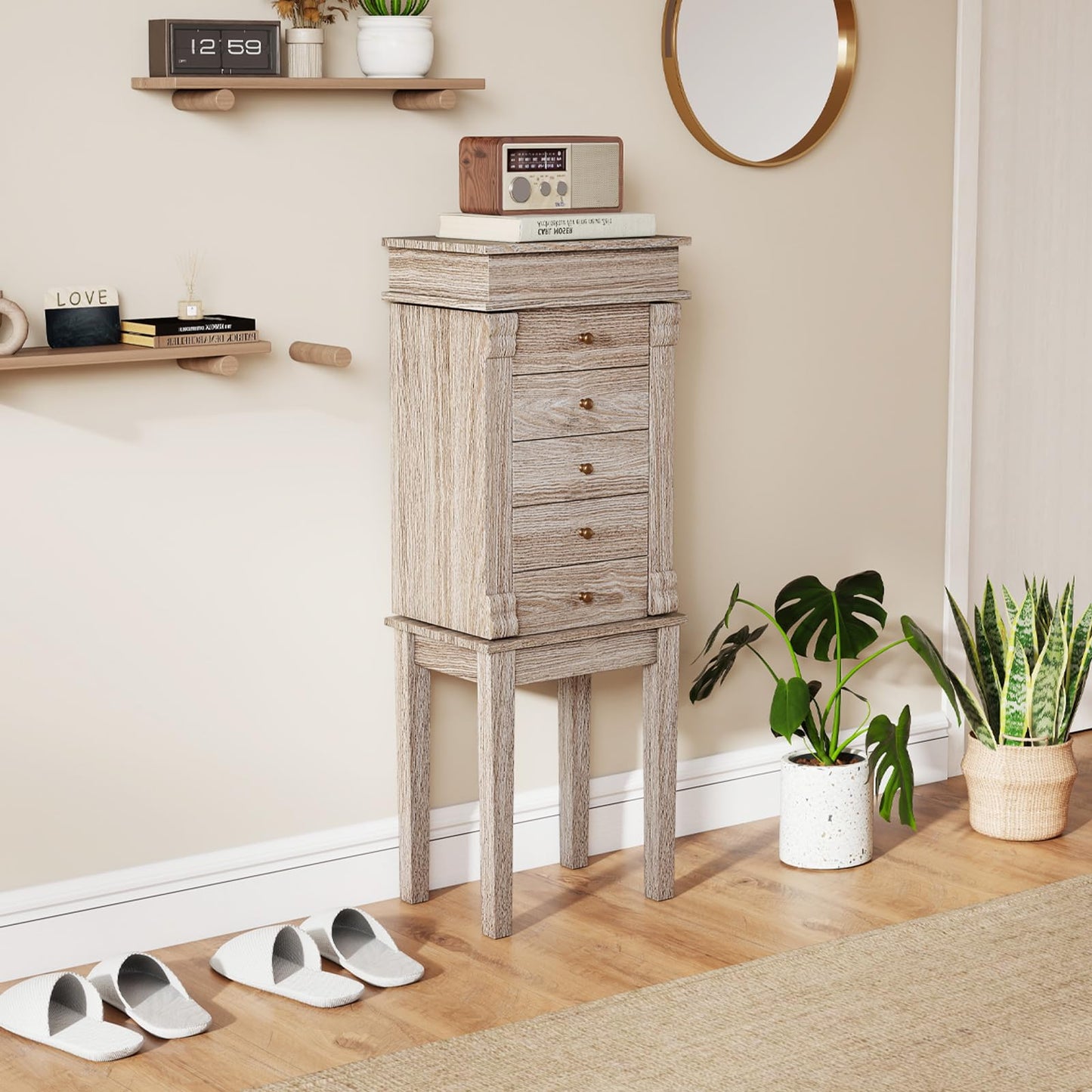 CHARMAID Gray Cabinet, 5 Drawers Jewelry Armoire with Mirror, Swing Doors, Necklace Hooks, Standing Organizer, Large