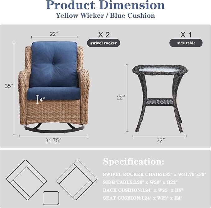 Belord Outdoor Swivel Rocker Patio Chairs - 360 Degree Swivel Glider Seating 350LBS Weight Capacity 3 Piece Wicker Rocking Chairs Set with Side Table for Porch Balcony Deck, Yellow/Blue