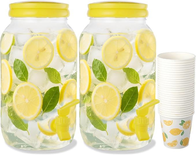 2 Pcs Plastic Beverage Dispenser with Spigot and 40 Pcs Lemon Paper Party Cups Kitchen Fridge Clear Plastic Drink Summer B...