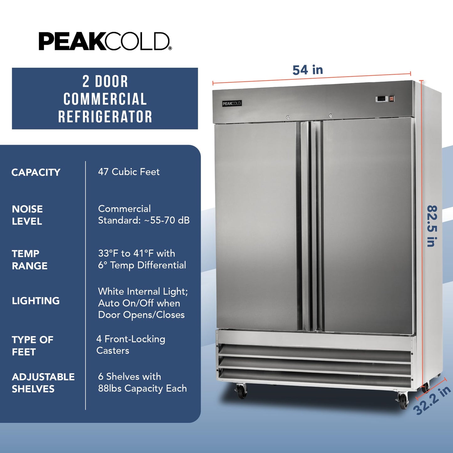PEAKCOLD Double Door Commercial Refrigerator - 47 Cubic Ft, 54" Wide Stainless Steel Reach-In Commercial Refrigerator with White Internal Lighting - Freestanding Industrial Fridge