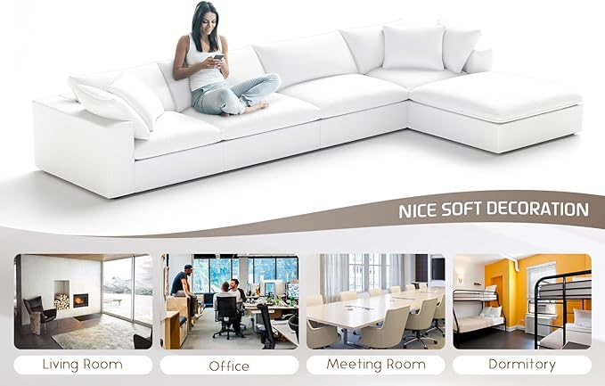Intuition Decor Cloud Modular Sectional Sofa,143" Down Filled Sofa 4 Seat with Chaise,Minimalist Sofa Cover Washable and Replaceable Couches for Living Room,Sectional Sofa Deep Seat White