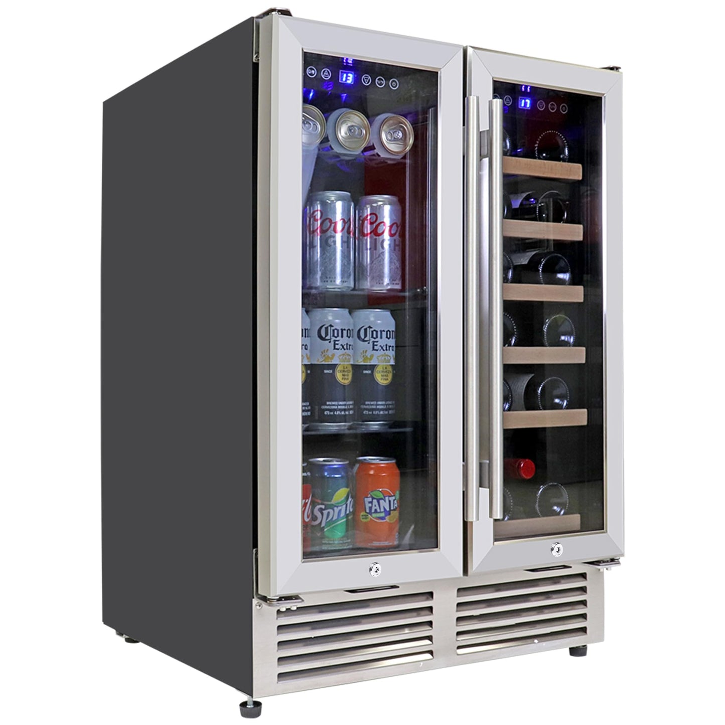 Koolatron Dual Zone Wine Fridge and Wine Cooler, 56 cans & 18 bottles (24 Inch), Built-In or Freestanding Compressor Under Counter Wine Refrigerator, Independent Temperature Control with French Doors