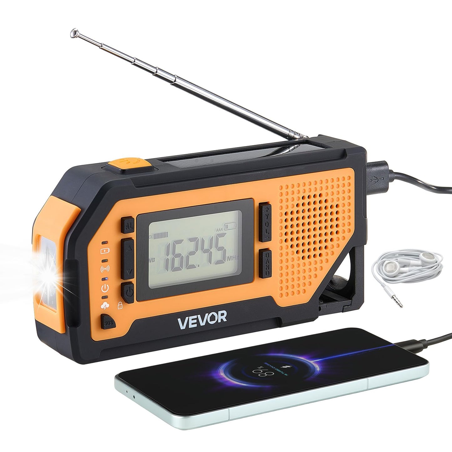 Vevor Emergency Weather Radio, 2000Mah Battery, Fm/Am/Wb/Noaa Alert Solar Hand Crank Emergency Radio, With Usb Charging Cable, S