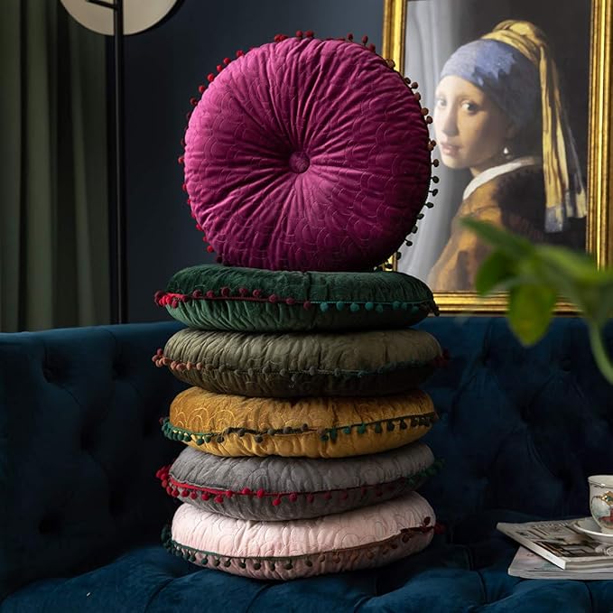 vctops Velvet Soft Round Chair Pads Cute Gradient Pom Pom Indoor Dining Chairs Cushion (Yellow, Diameter 16")