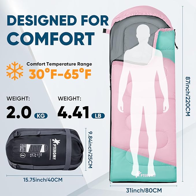 PTEROMY Sleeping Bags for Adults, Lightweight and Machine Washable, Water Resistant Backpacking Camping Sleeping Bag for Warm Cold Weather, Camping Essentials for Hiking Travel