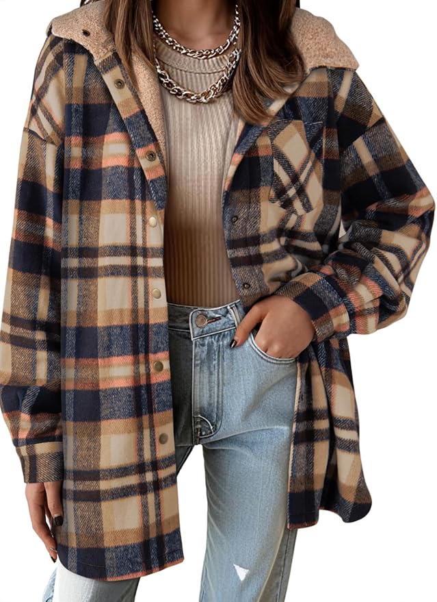 Dokotoo Women's Flannel Hooded Plaid 2025 Shacket Thick Coat Winter Coat for Warmth Button down Warm and Fuzzy Fleece Jacket