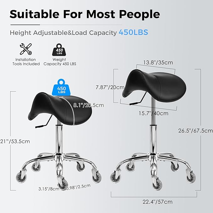 BEWISHOME Saddle Stool with Wheels, Swivel Adjustable Rolling Stool, 450lbs Heavy Duty PU Leather Wide Thick Seat Padding Ergonomic Chair for Beauty Salon Spa Clinic(Black) BMD01B