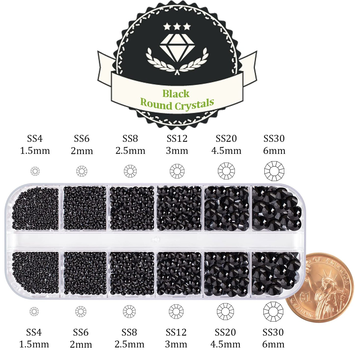One Pack 2000 Pcs of Flatback Round Black Rhinestones 6 Sizes (1.5-6 mm) with Nail Art Rhinestone Picker Pencil and Tweezers for