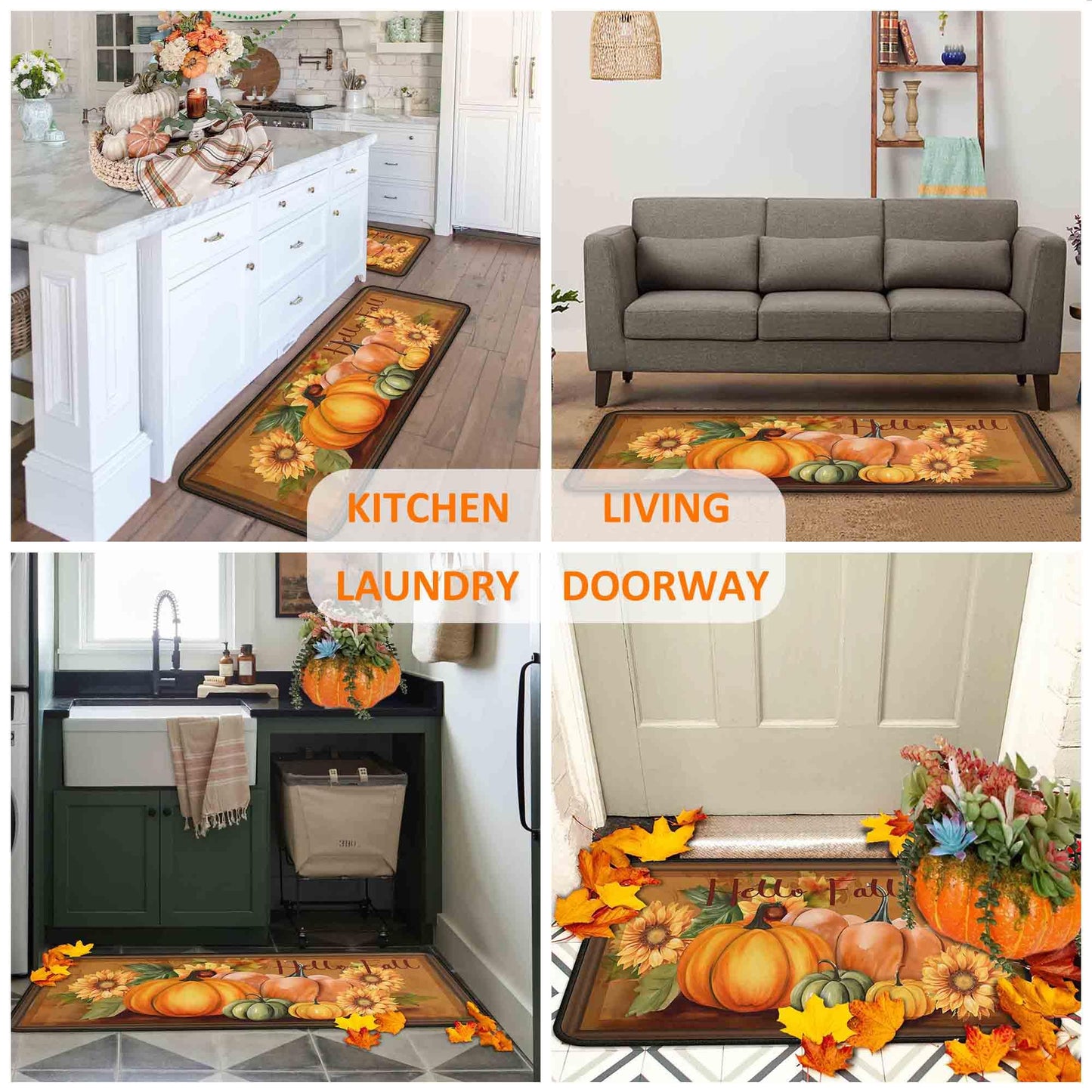 Noulmea Hello Fall Pumpkin Decorative Kitchen Rugs Set of 2,Thanksgiving Autumn Pumpkin Front Door Mat Floor Rug for Fall Home Holiday Party Decor 17"x47"+17"x30"