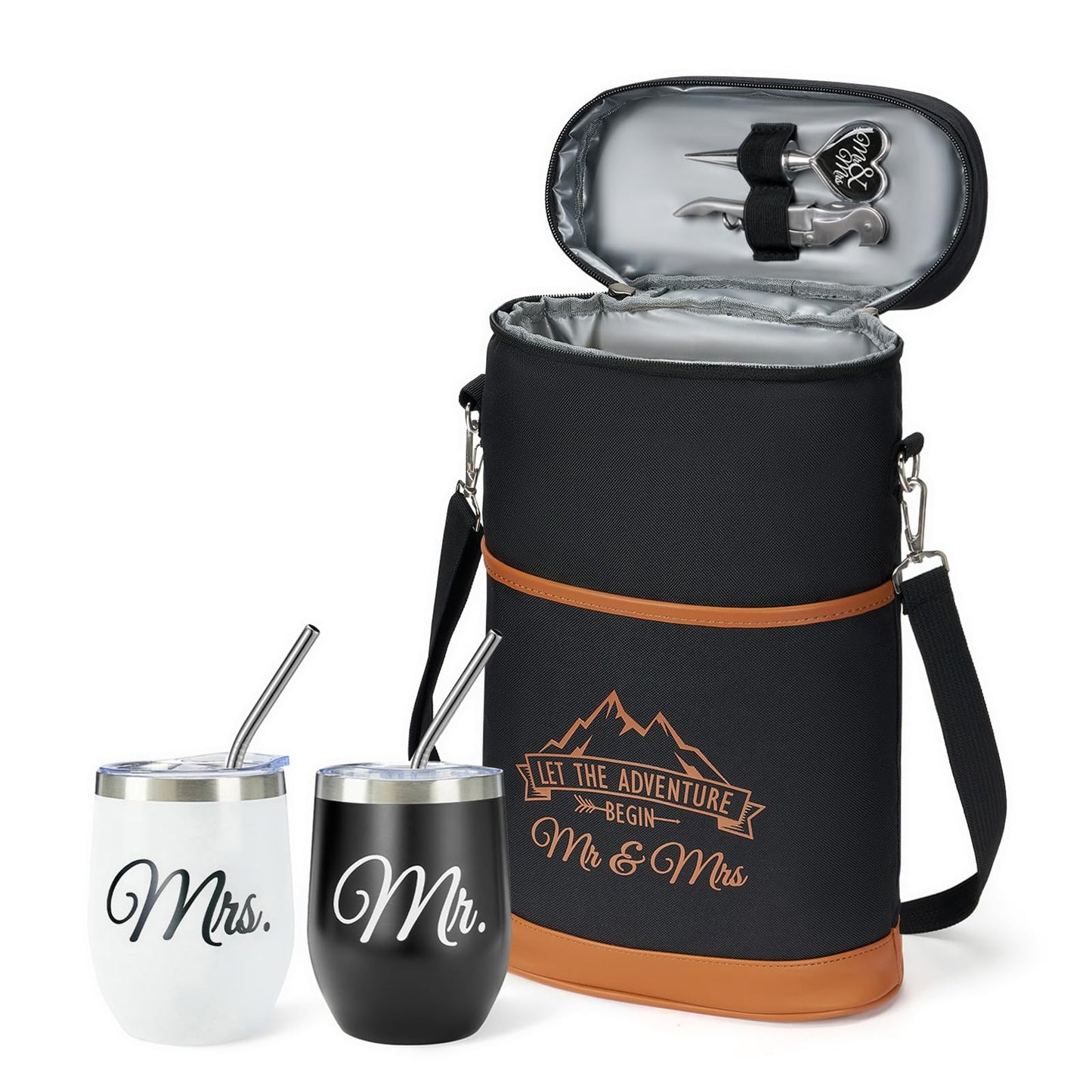 AW BRIDAL Wedding Gifts for Bride Groom, Mr and Mrs Wine Gift Basket for Engagement Bachelorette Party, Anniversary Insulated Wine Cooler Bag Tumblers with Accessories Set for Honeymoon Beach Travel