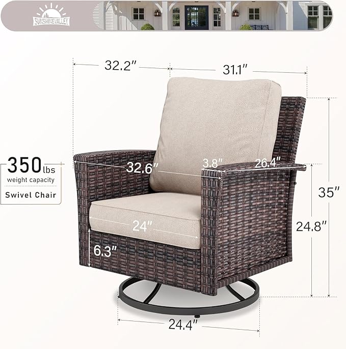SUNSHINE VALLEY Patio Wicker Swivel Chairs Set of 2, Outdoor High Back Chairs with 5.5" Waterproof Cushions, Outdoor Furniture Set for Deck Porch and Yard, Peacock Blue