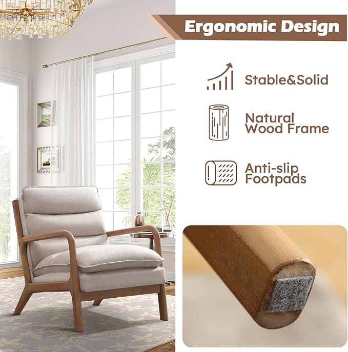 IOMOR Mid Century Modern Accent Chair, Upholstered Lounge Armchair with Plump Back Pillow, Comfy Reading Chair with Solid Wood Frame for Bedroom Living Room (1, Beige)