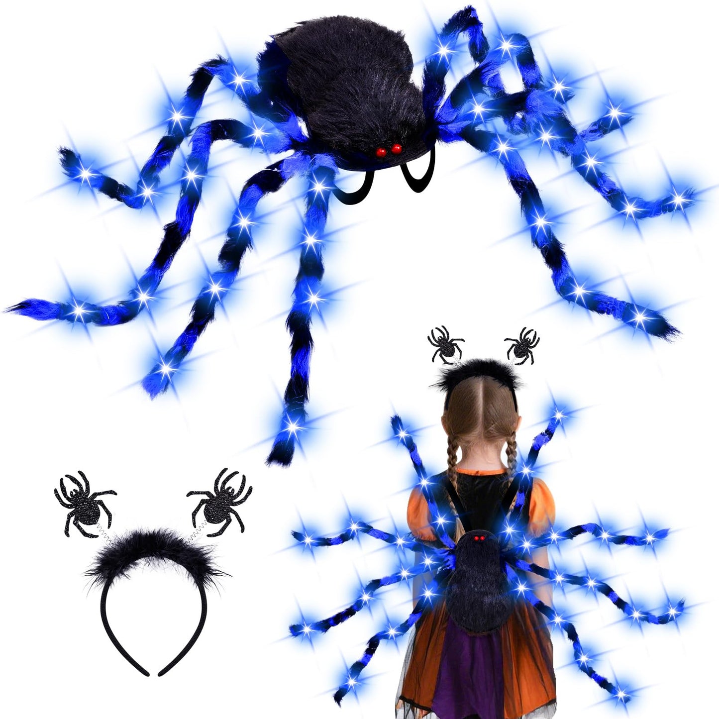 Thuodo Halloween Giant Spider Costume for Kids Adults, Blue 60 LED Light-Up Spider Candy Backpack with Headband Halloween Decorations and Party Props– Battery Required