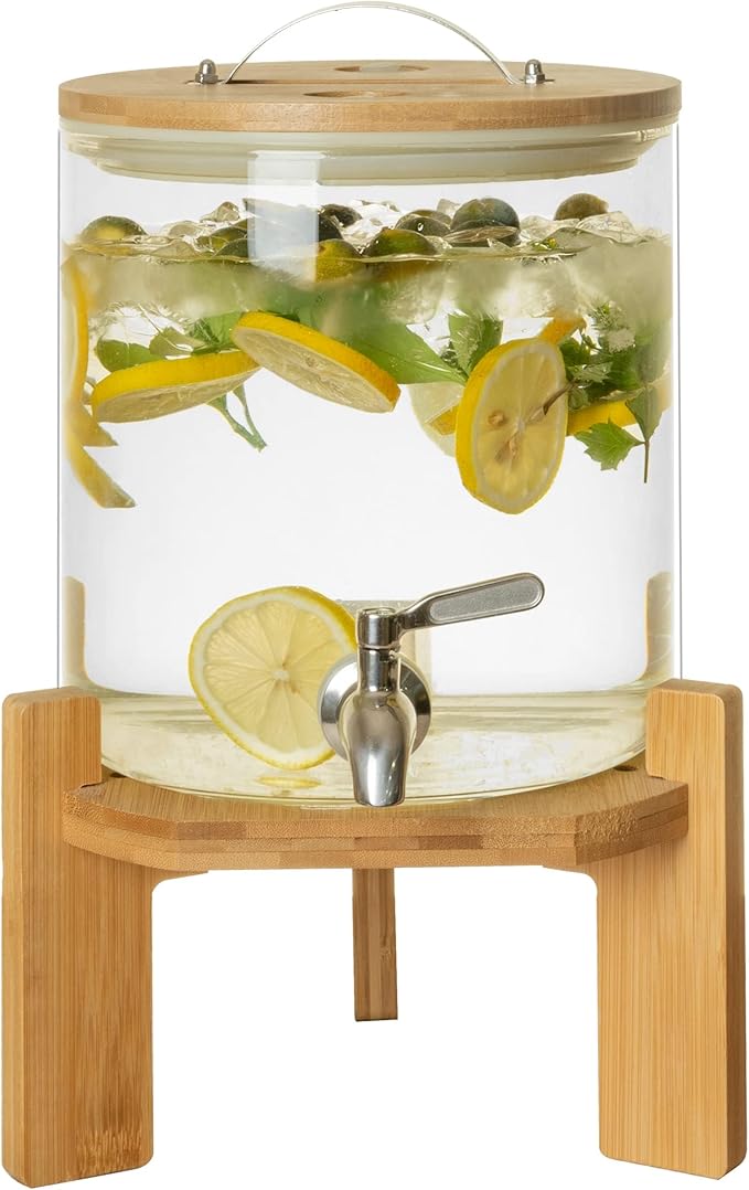 l‘ÉPICÉA Glass Drink Dispenser with Wood Stand,Cold Glass Beverage Dispenser for Party,Large Lemonade Dispenser Jar with S...