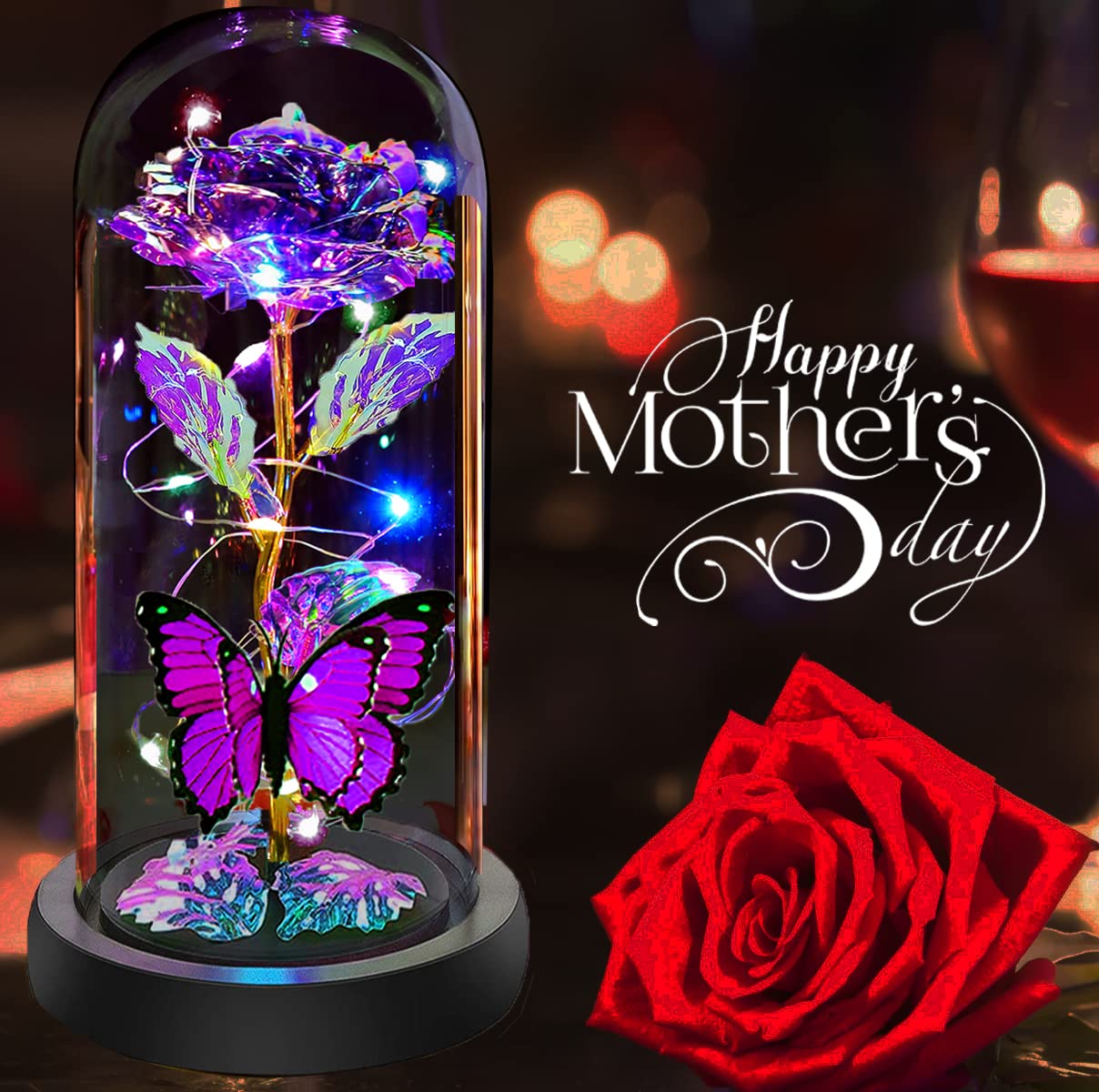 Birthday Gifts for Women, Flowers Gifts for Women Mom Her, Galaxy Crystal Light Up Rose Flower in A Glass Dome, Christmas Rose Presents Wife Grandma Sister Butterfly Purple
