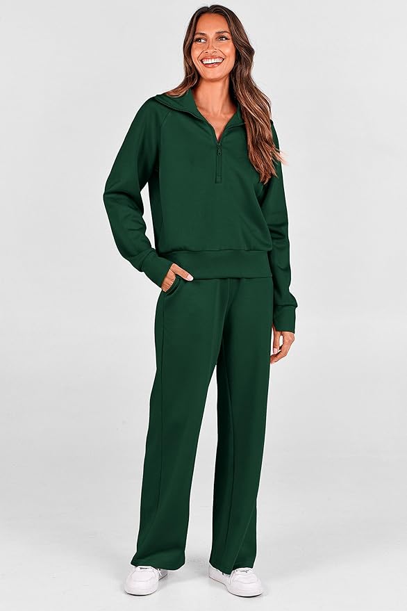 PRETTYGARDEN Women's 2 Piece Outfits Casual Lapel Half Zip Sweatshirts and Wide Leg Pants Tracksuit Sets