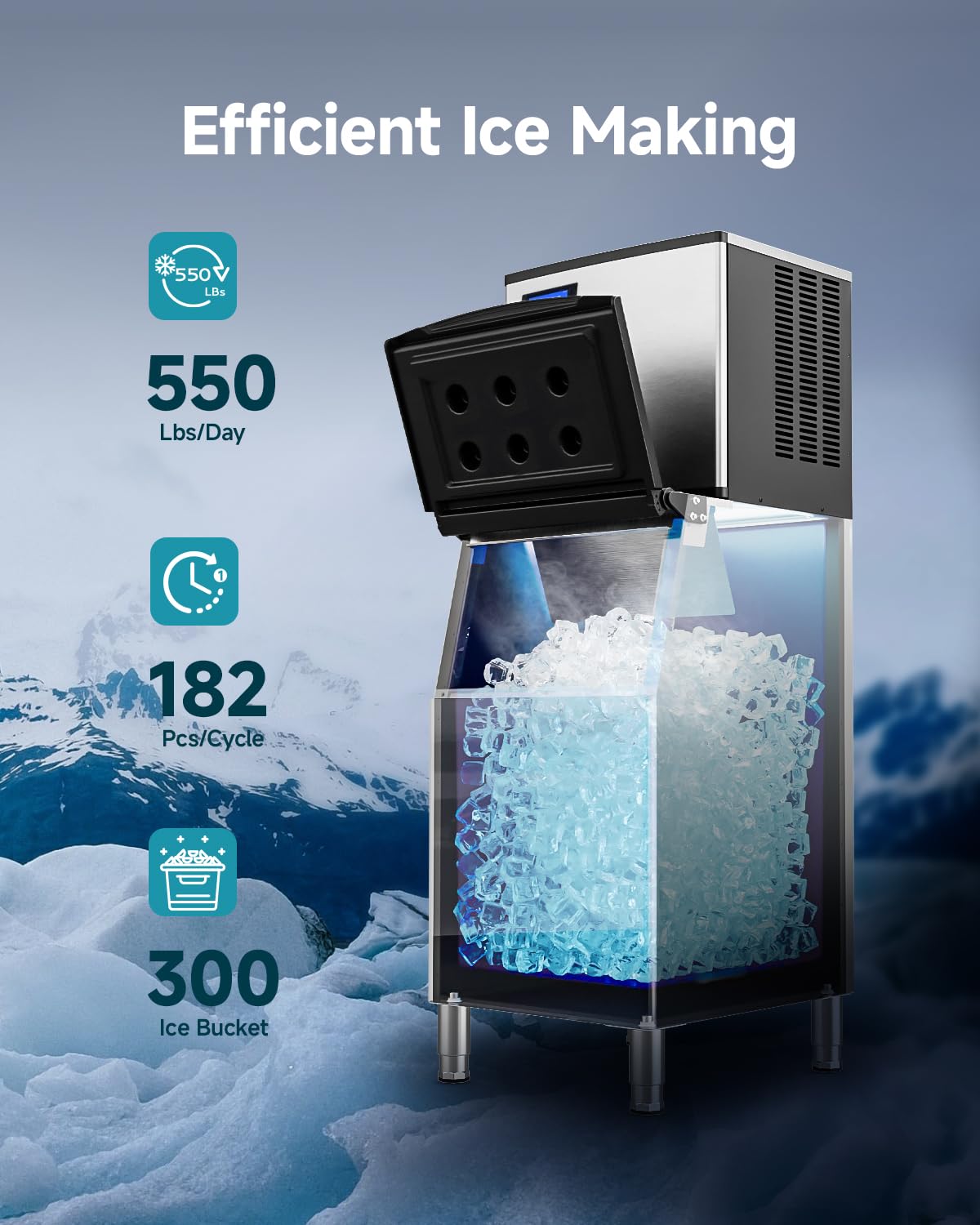 EUHOMY Commercial Ice Maker Machine, 550 lbs/24H Industrial Ice Machine with 300 lbs Storage Bin, SECOP Compressor, ETL Certified Stainless Steel Ice Maker for Bar, Cafe & Restaurant