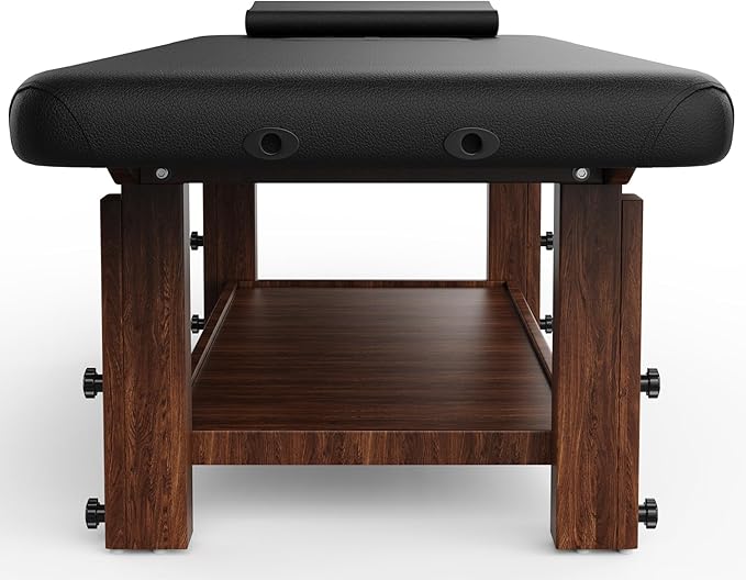 pouseayar Stationary Massage Table with Adjustable Height Legs for Treatment, Physical Therapy, Spa Facial Professional Massage Bed, Black PU Leather 31.5'' Wide - 700LBS Load, Heavy Duty Wood Frame