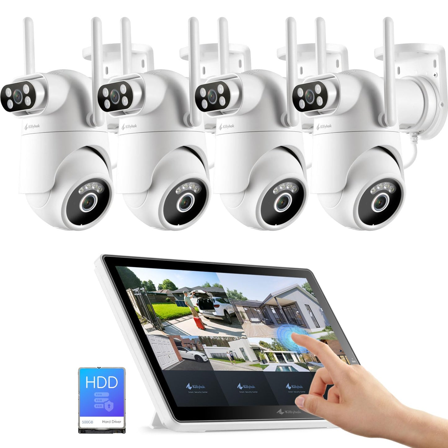 Wireless Security Camera System with 10" Touchscreen Monitor, Dual Lens 2K Security Cameras Wireless Outdoor with 2.4/5GHz WiFi, 360° PTZ, Auto Tracking, Night Vision, 2-Way Audio, 10CH, 500GB HDD