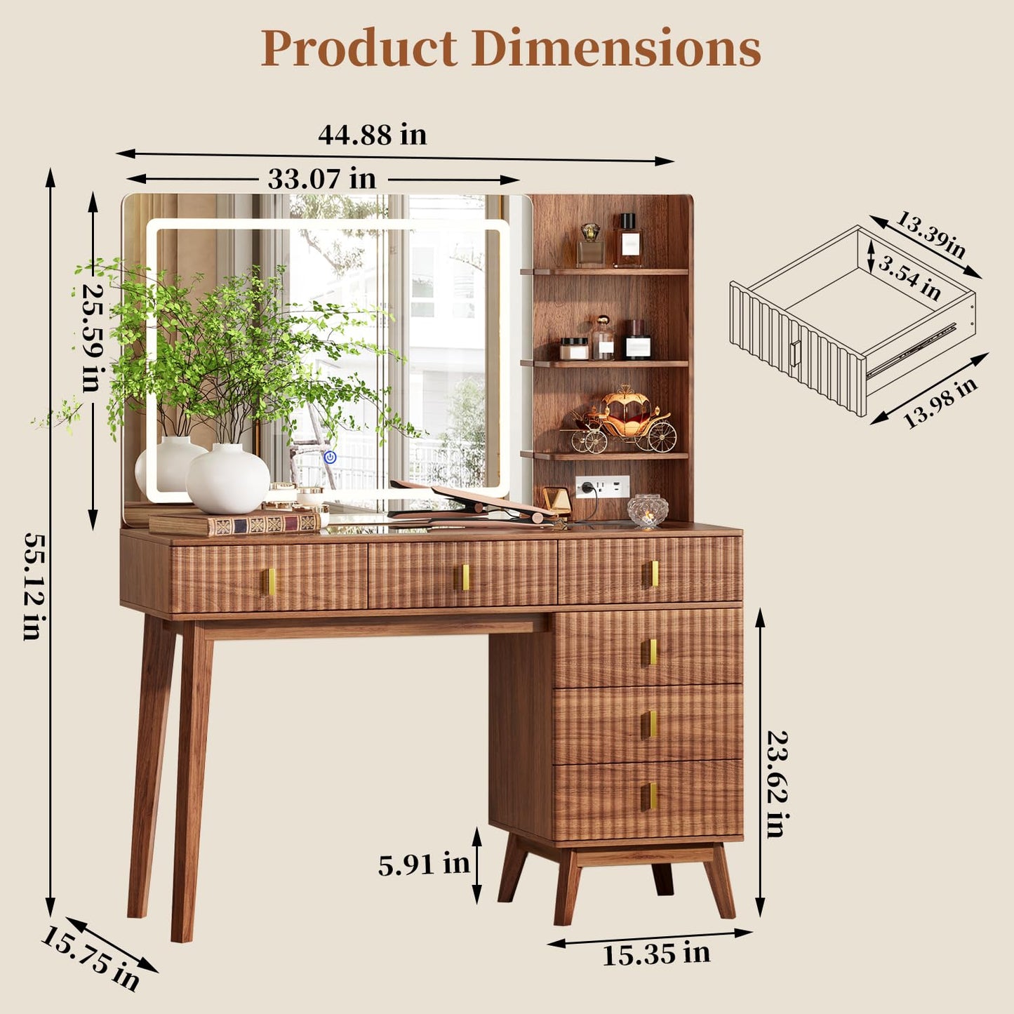 Large Makeup Vanity Desk with Mirror and Lights, Vanity Desk with 6 Drawers & Storage Shelves, Vanity Table with Power Outlet, 3 Color Modes & Adjustable Brightness Dressing Table, Bedroom,Walnut1