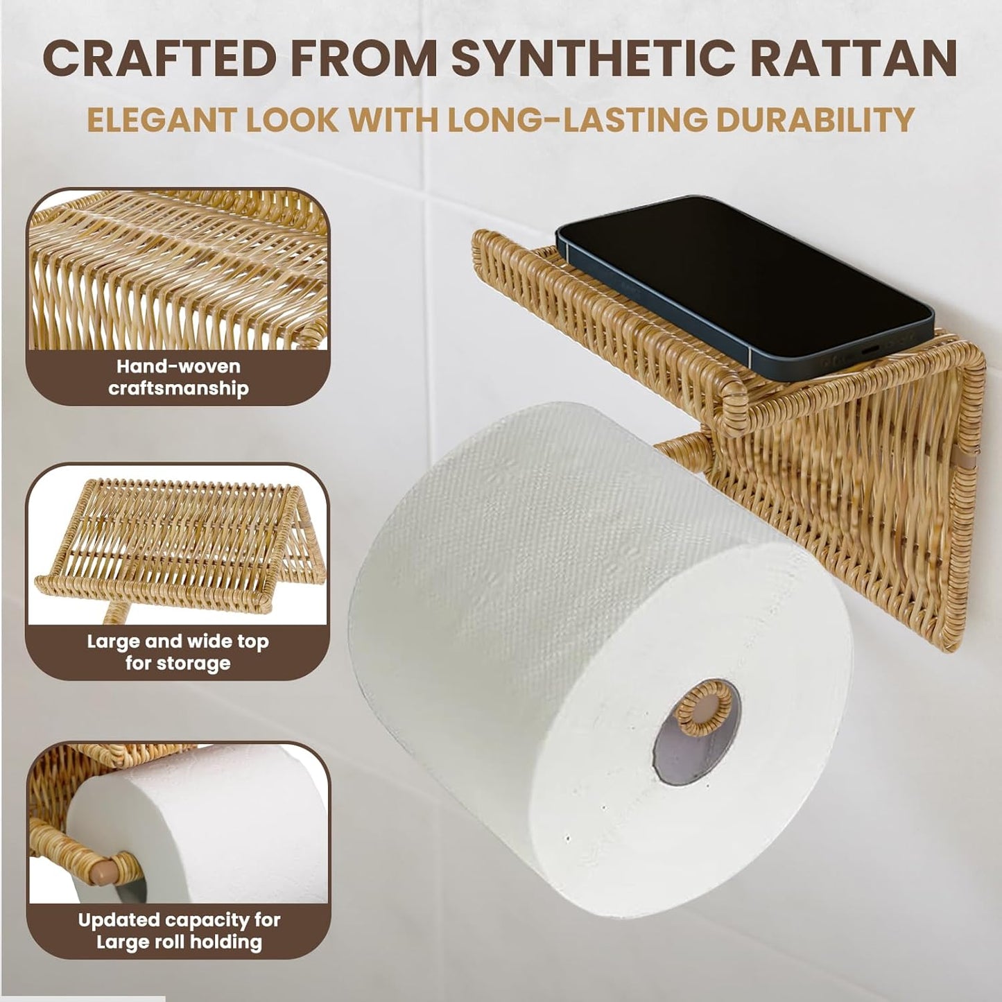 Synthetic Rattan Toilet Paper Holder with Shelf – Fits Mega Rolls, Boho Bathroom Decor Roll Holder for RV, Washroom, Kitchen – Water-Resistant Woven Tissue Dispenser (Natural, Screw Mount)