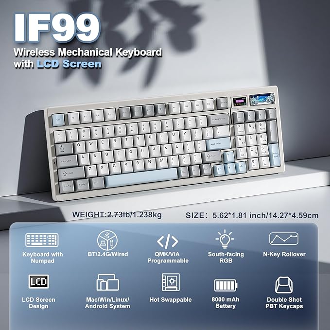 YUNZII IF99 Wireless Mechanical Gaming Keyboard with Smart LCD Display, QMK/VIA Programmable BT/2.4G/USB-C Gasket Mounted Hot Swap RGB 96% Layout for Mac/Win (White, Gateron Zero Switch)