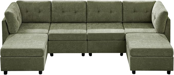 VANOMi 4 Seater Cloud Couches for Living Room with 2 Ottomans, 118" Modular Sectional Sofas & Couches, Comfy Chenille Cloud Sectional Couch Sofa for Apartment, Office, Green, U Shaped