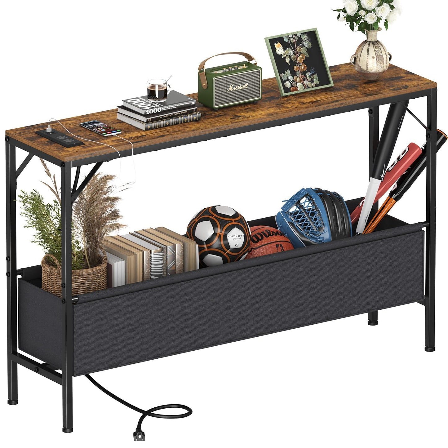 Asgolion Console Table with Charging Station and Storage Basket, 47.2'' Behind Couch Table with Power Outlets USB Ports, Narrow Entryway Table for Hallway, Foyer, Living Room, Rustic Brown