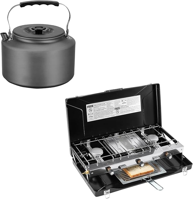 FineFlame Camping Stove 3 Burner 20400 BTU Propane Camping Stove With Bulin 2.2L Camping Kettle Camp Tea Coffee Pot