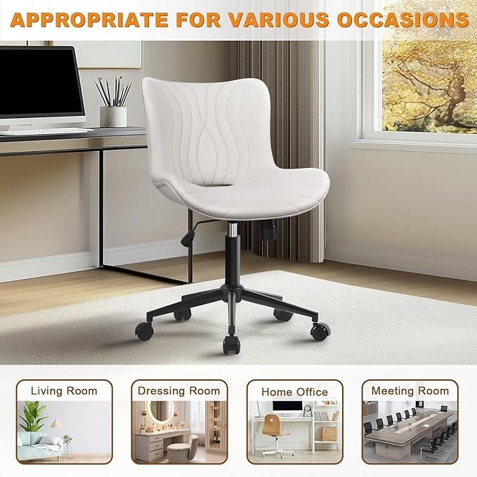 VATROS Office Chair, Armless Desk Chair with Wheels, Ergonomic Comfy Home Office Computer Task Chairs, Faux Leather Padded Cute Vanity Chair, Adjustable Height Swivel Chair with Back,White
