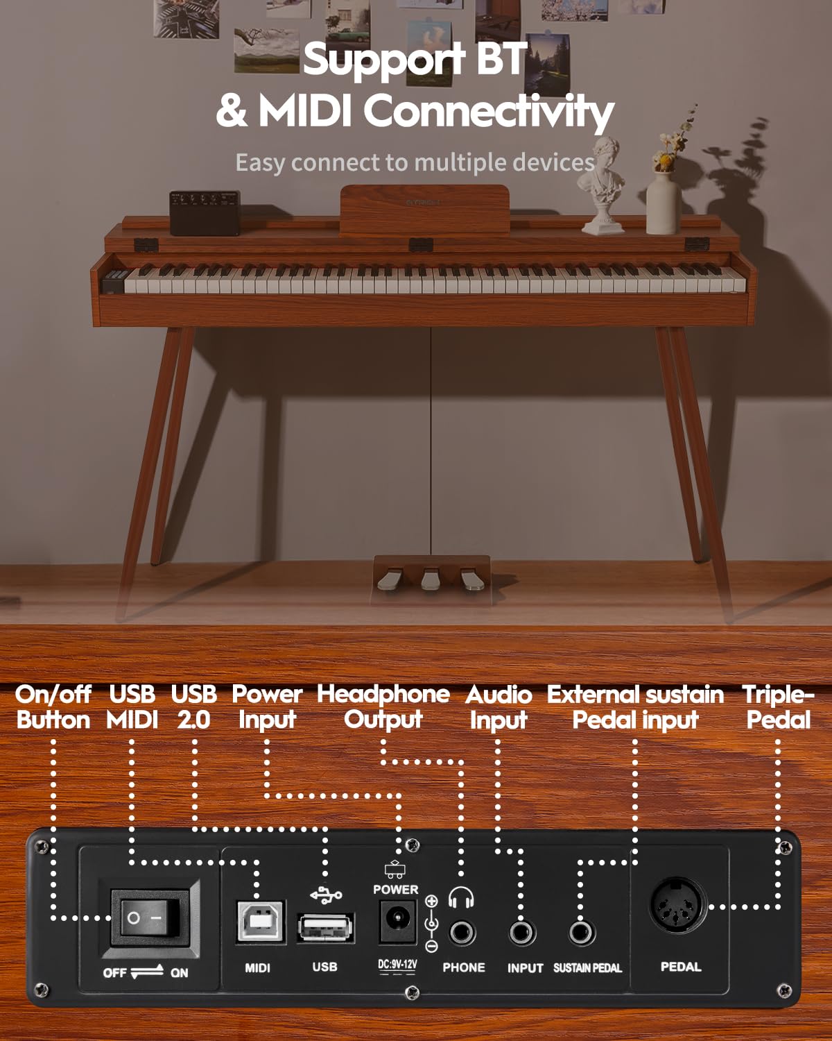 STRICH 88 Key Digital Piano, Hammer-Action Weighted Keyboard, Full Size Desk Cover Electric Piano Keyboard with Stand, 25Wx2 Speakers, Headphones, Three Pedal, SDP-350S(Color Mahogany)