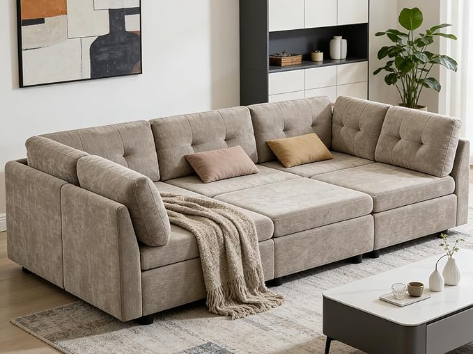 VANOMi 5 Seater Modular Sectional Sofa, Convertible Modular Cloud Sofa Bed with Ottoman, Comfy Chenille Sofas & Couches for Living Room, Apartment, Office, Beige, Sofa Bed